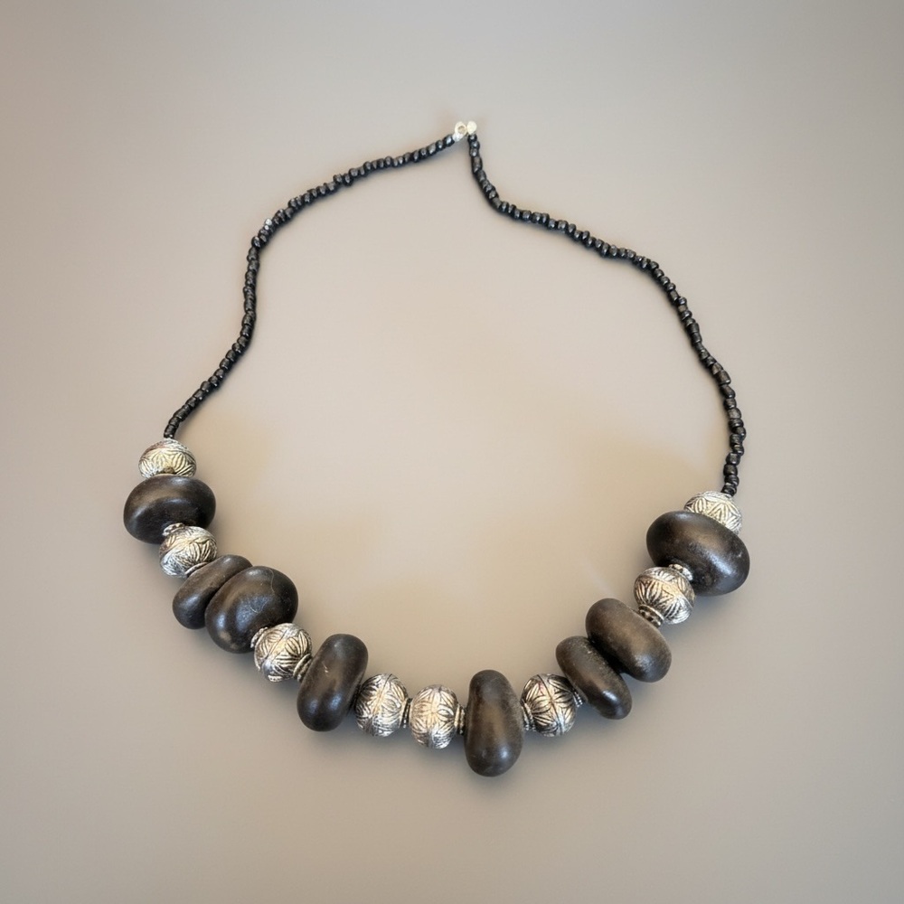 Boho Wood Bead Necklace Black Silver Tribal Statement $10 Bargain Buster